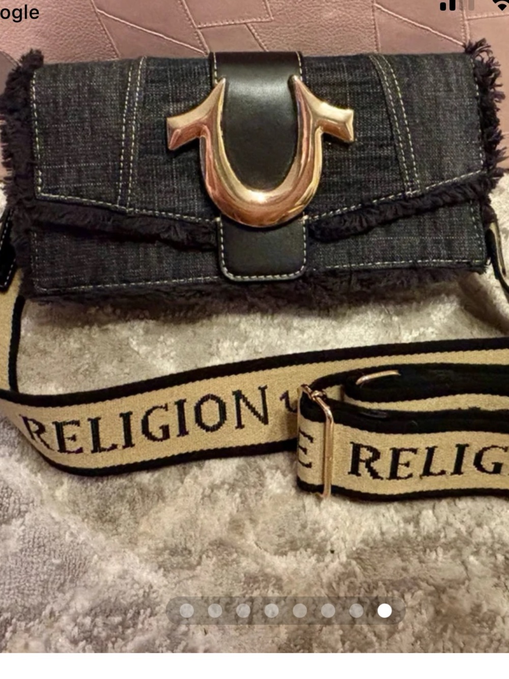 NWT True Religion Frayed Black Denim Flap Crossbody Bag Gold Horseshoe Logo  Y2K